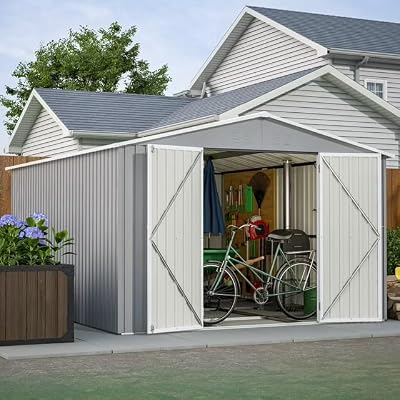 10x12 ft Metal Outdoor Storage Shed, Large Tool Shed with Frame Structure & Lockable Doors for Backyard Garden Patio Lawn