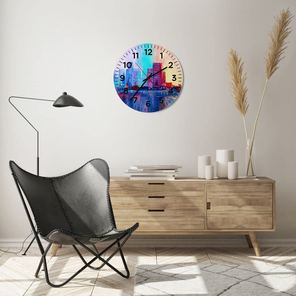 ARTTOR Zegar ścienny na szkle 40x40 cm Nowoczesny miasto dom ulica Cichy zegar na ścianę Sypialnia Kuchnia Deko Dekoracja ścienna Salon Wall Clock Dekor Duży C4AR40x40-4023
