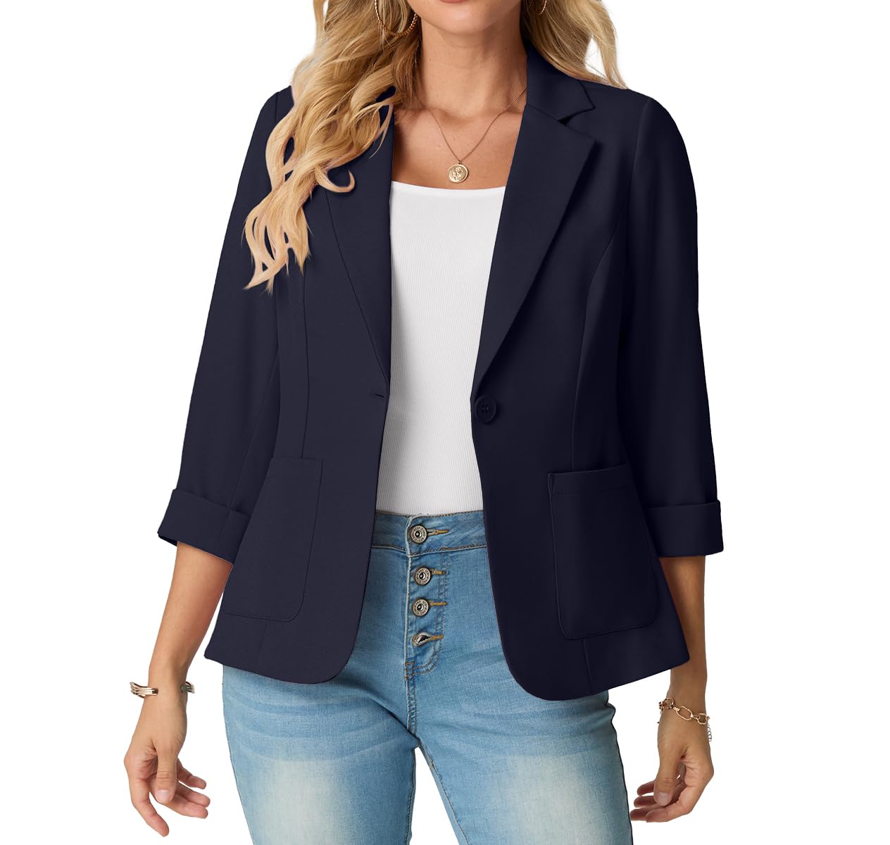 GRECERELLE Blazer élégant à manches 3/4 pour femme avec col à revers cranté - Veste de travail ou de bureau avec poches et bouton pour femme