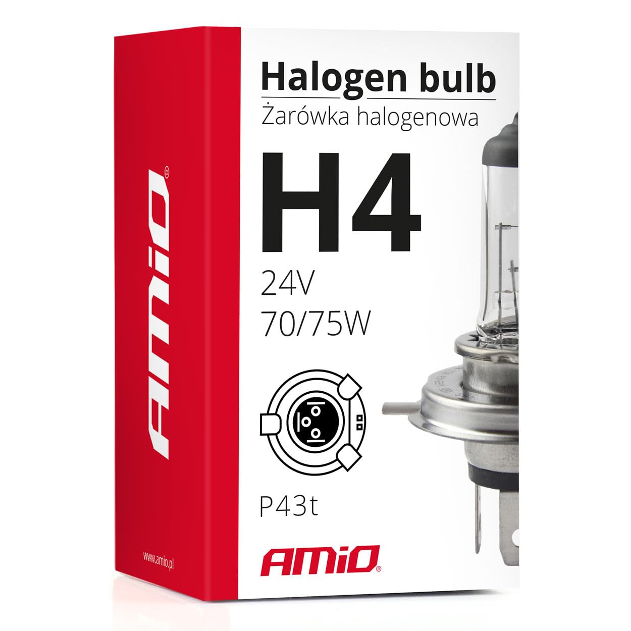 AMIO H4 24V 75/70W Halogenlampen - 20 Stück - 20x 01267 - P43t LKW ECE R37 | Fern- & Abblendlicht Fahrzeugbeleuchtung - UV-Filter - Ersatzlampen für Nutzfahrzeuge - E4 Prüfzeichen