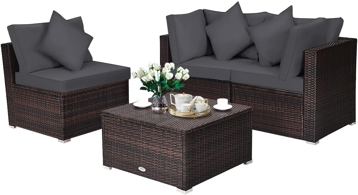 HAPPYGRILL 4PCS Patio Conversation Set Outdoor Wicker Sofa Set, Modern Sectional Couch Set with Washable Cushions & Pillows, All Weather PE Rattan Patio Furniture Set