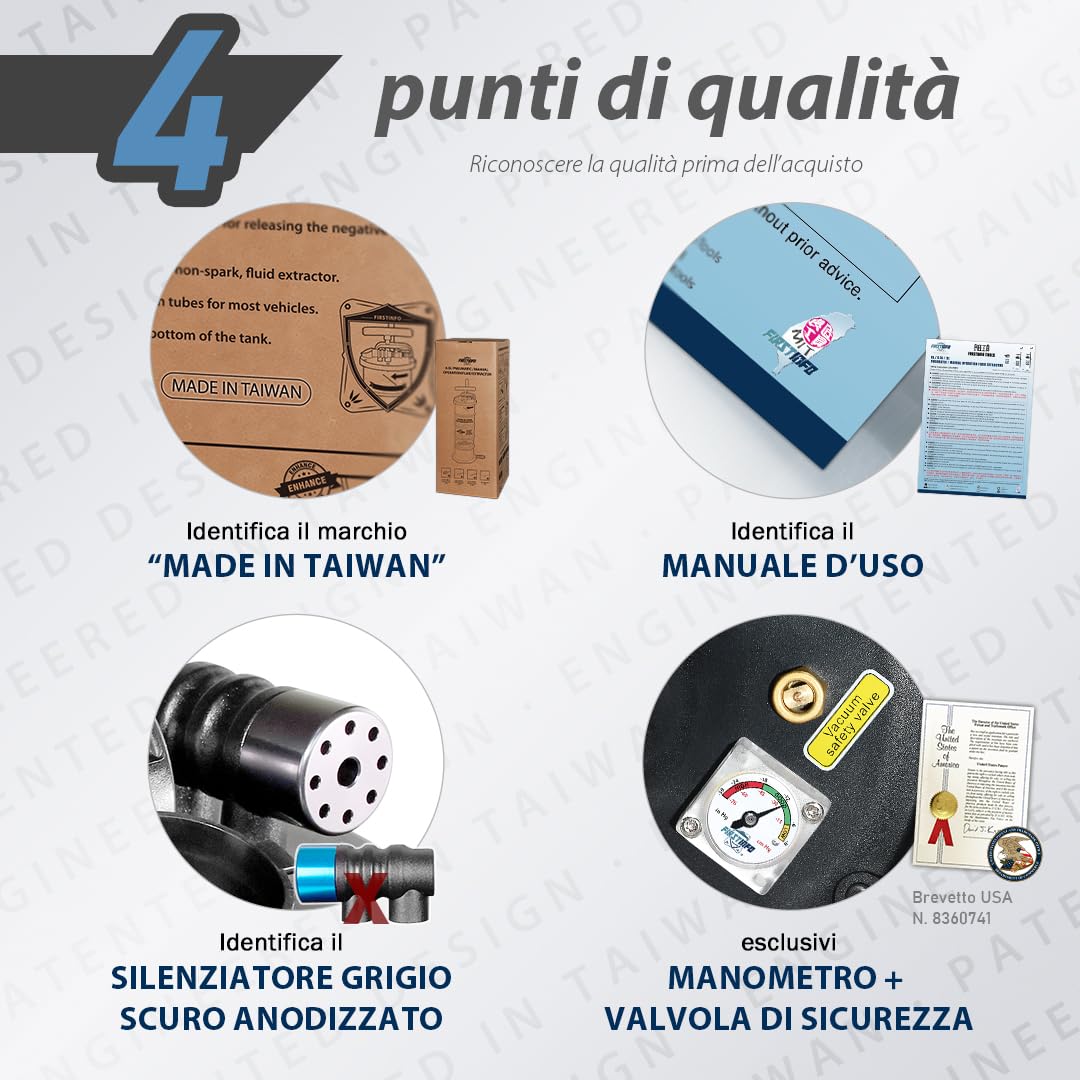 FIRSTINFO Estrattore Olio Pneumatico/Manuale 15L, Prodotto a Taiwan, con Manometro, 5 Tubi di Aspirazione, Sonda Ultra Sottile 3,5 x 4,5 mm, A1106EUY5