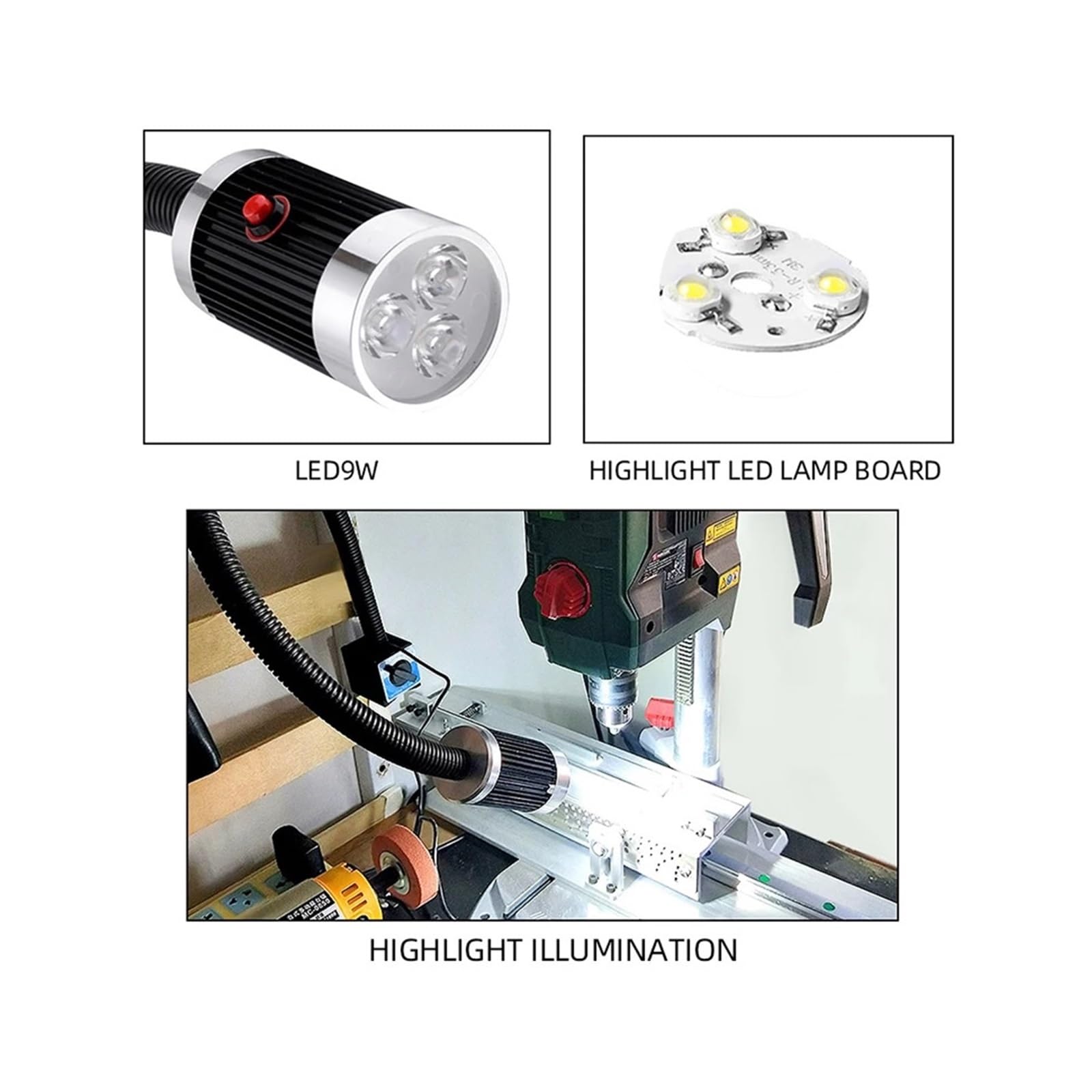 Oświetlenie tokarki, Lampa LED do obrabiarek 3W 6W 9W Długie ramię węża Warsztatowe światła robocze Magnetyczna/podstawa śrubowa Super jasna lampa przemysłowa(Switch magnetic base,9W)