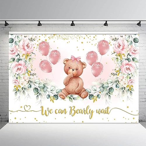 Miniatura 7 de MEHOFOND Telón de fondo de fiesta de oso para baby shower para niña, fondo de fotografía floral rosa rubor, puntos con purpurina dorada, hojas de