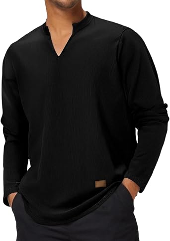 Mens V Neck Long Sleeve T Shirt Ribbed Solid Color Loose Fit Casual Fashion Streetwear Top