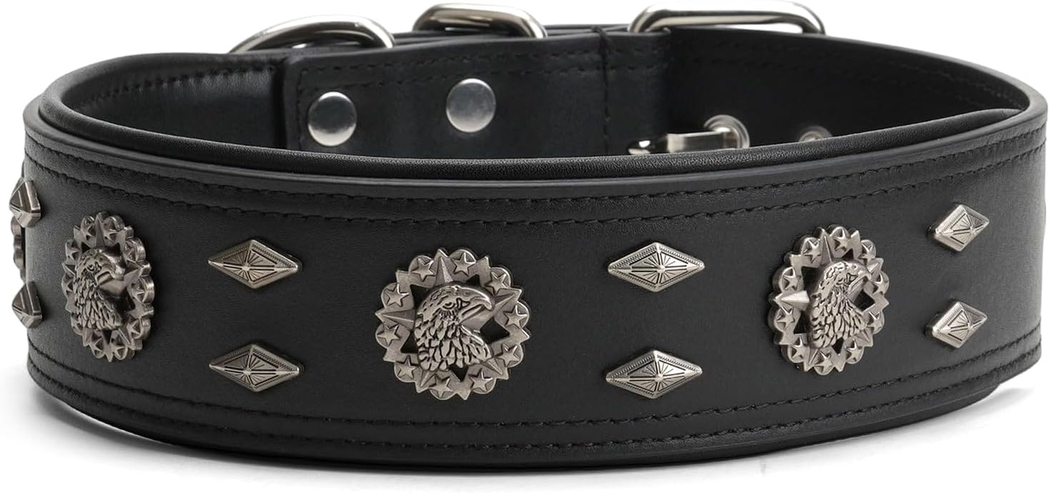 Premium Leather Dog Collar for Large Dogs - 1.6-Inch Wide Adjustable Soft Handmade Eagle Hardware Ornamental Collar for Giant Breeds, Durable & Comfortable - Black