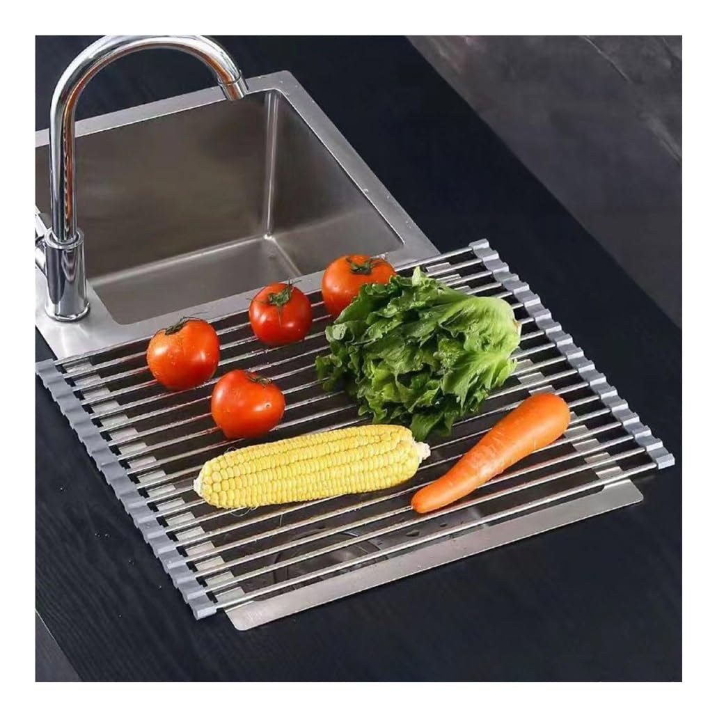 Escurridor de platos enrollable multiusos para colocar sobre el fregadero, para enfriar, dorar, asar, como salvamanteles o para servir, de 37-47 cm (14,6-18,5 pulgadas), portátil y con ruedas, para f