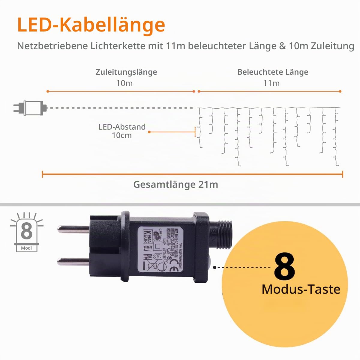 ANSIO® Lichterkette Außen Eisregen 11m 320 LED Eiszapfen Lichterkette Außen Lichtketten Strom Für Weihnachten, Balkon, Weihnachtsdekoration | Kaltweiß Weihnachtsbeleuchtung | Klar Kabel