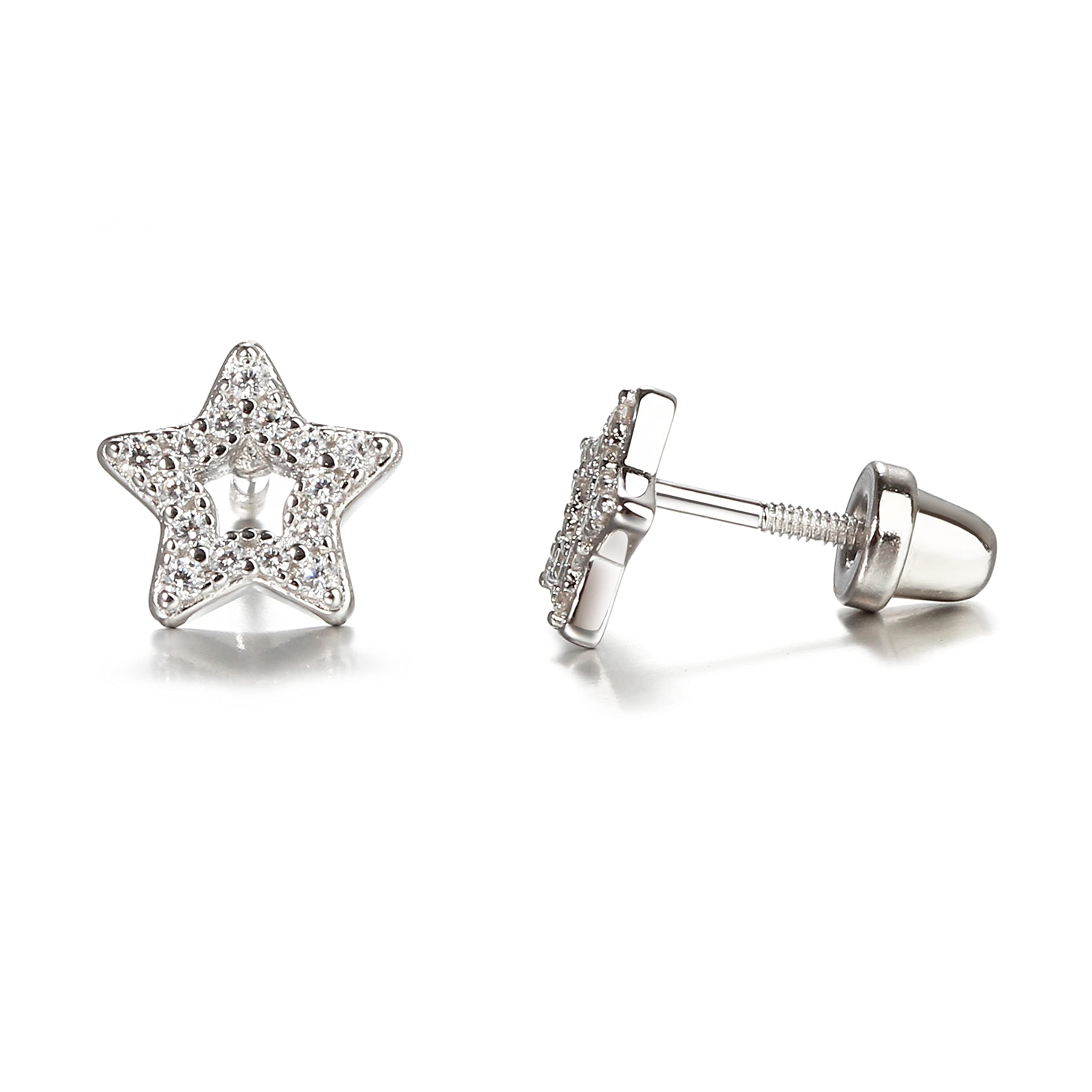 Cherished Moments Children's Sterling Silver Open Star Earrings with Tiny CZ Stones with Safety Screw Backs for Babies, Toddlers, Kids, or Little Girls