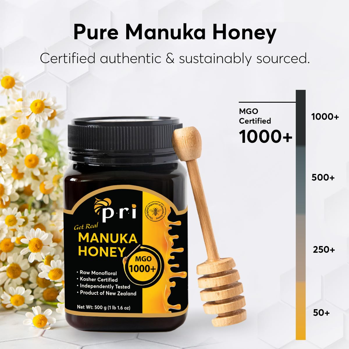 P.R.I Manuka Honey MGO 1000+, Ultra‑Potent Monofloral New Zealand Honey, Rare Limited‑Harvest, Cool‑Processed & QR‑Traceable (500g/1.1lb)