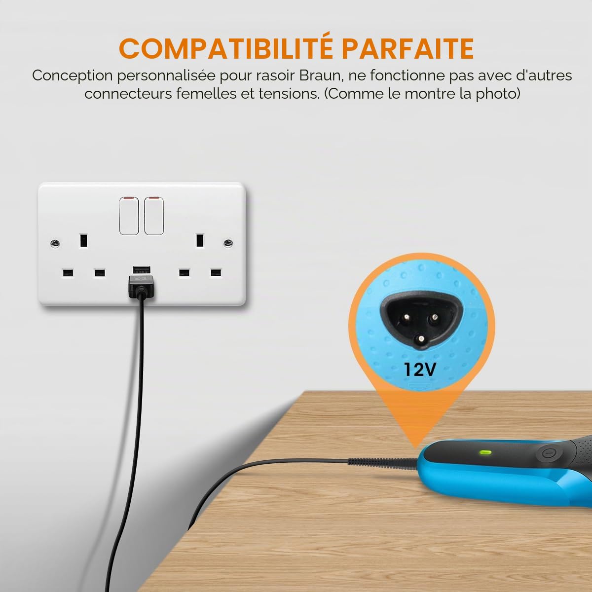 AIEVE Chargeur pour rasoir Braun, câble d'alimentation USB 12 V pour tondeuse Braun série 3, série 7, série 9, série 1, 3020S, 3080S, 760CC, 790CC, 340s, 190s, 5190cc, 5210, 9095cc