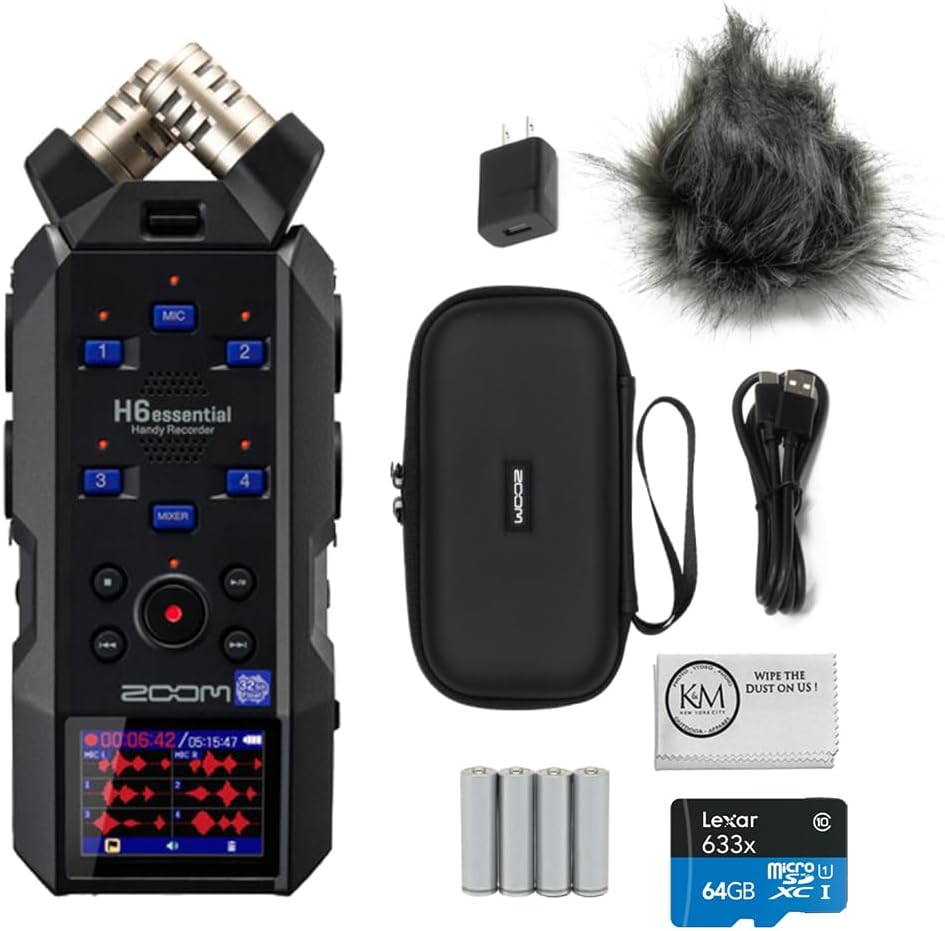 H6essential 6-Track 32-Bit Float Portable Audio Recorder Bundled APH-6e H6essential Accessory Pack + 64GB Micro-SD Card + AA Batteries + Cleaning Cloth (5 Items)