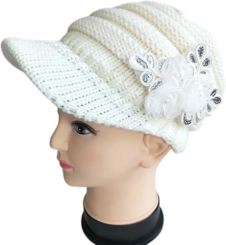 Miniatura 5 de C-US - Gorro de punto cálido para mujer, con visera de ganchillo con acento de flores
