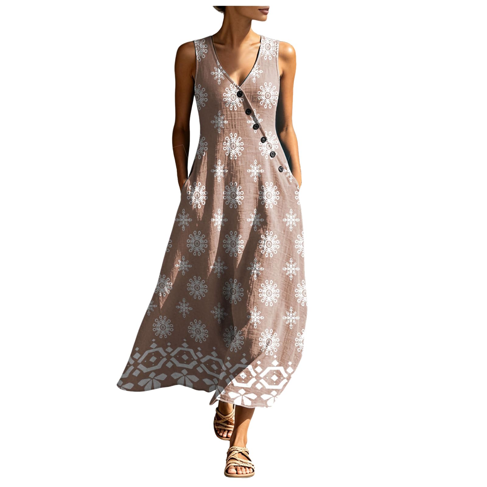 Generico Vestiti Estivi Donna Abito Estivo Donna Lungo Scollo a V con Stampa Casual Vestiti Senza Maniche Abiti Lunghi Cotton Comodo Morbido e Traspiranti Mare Vacanze Estive Spiaggia Tutte Occasioni