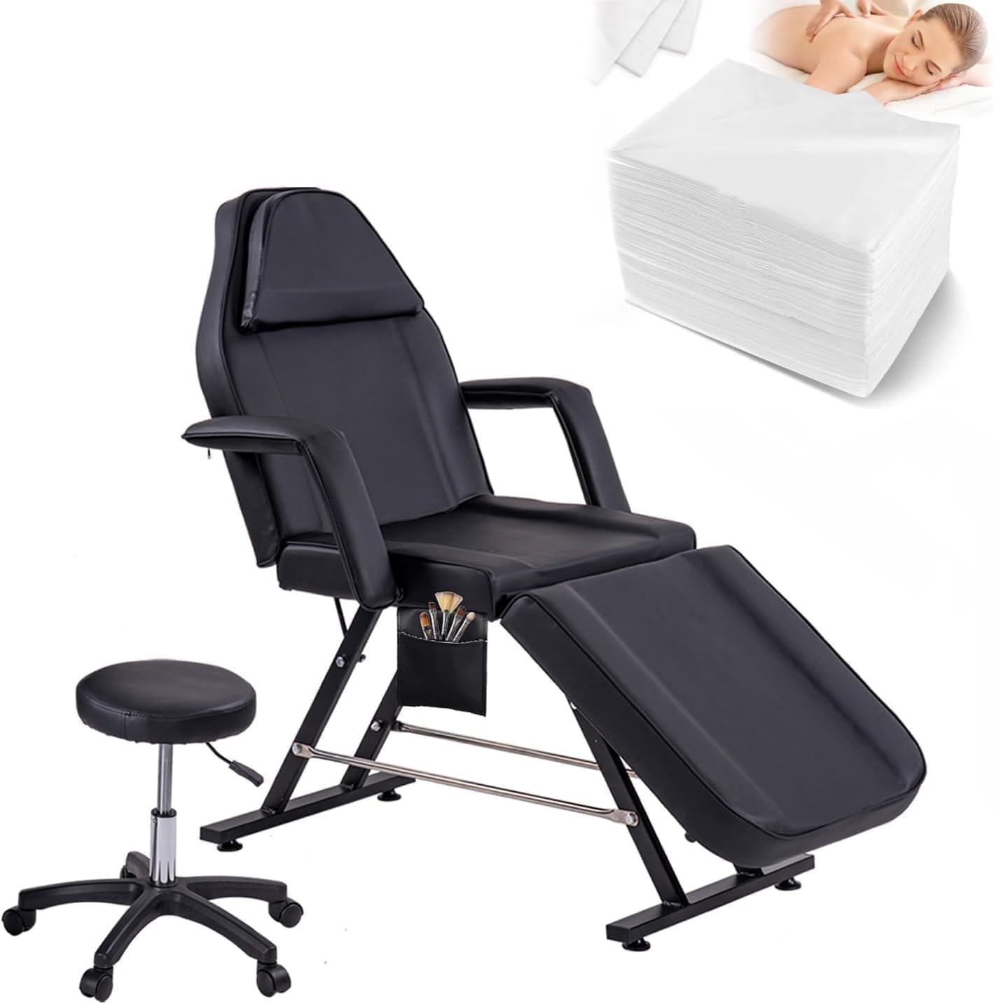 LSLIFE Beauty Bed Massageliege mit Hocker & Laken 3 Abschnitt verstellbare Massagetisch Tattoo Stuhl mit abnehmbaren Armlehnen Kopfstütze Salon Wimpern Bett für Spa Salon