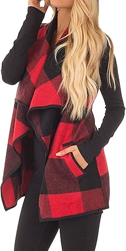 Vista 2 de SOMOYA Chaleco a cuadros para mujer, casual, con solapa, frente abierto, sin mangas, chaqueta con bolsillos