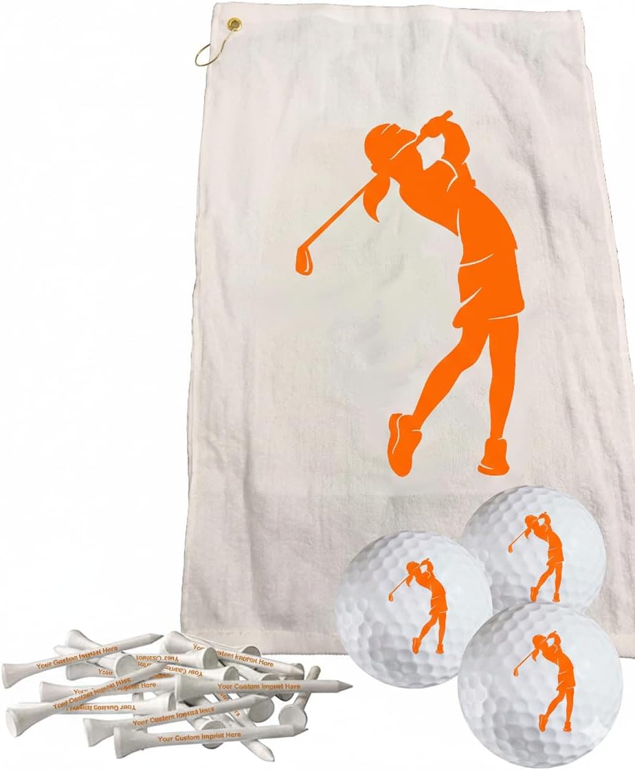 Personalized Golf Towel Set, 16 x 26 Inch Lady Towel Gift Set for Women with 3 Custom Balls and 15 Wooden Tees, Golf Accessories for Women, Orange, Gift Ready Packaging