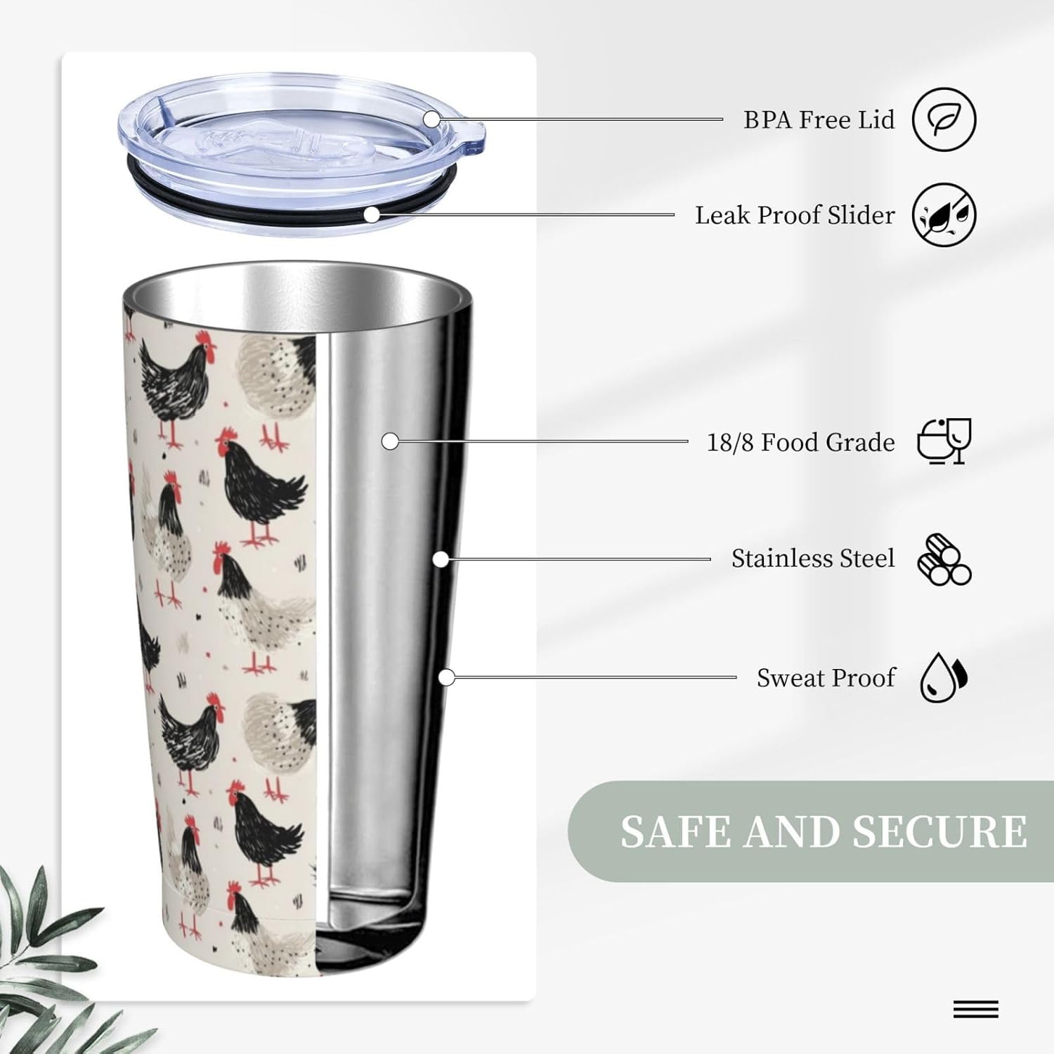 Chicken Tumbler 20oz Hen Rooster Stainless Steel Insulated Tumblers with Lid and Straw Animal Travel Coffee Mug Tea Wine Cups Water Bottle Chicken Gifts for Women Chicken Lover - Image 4