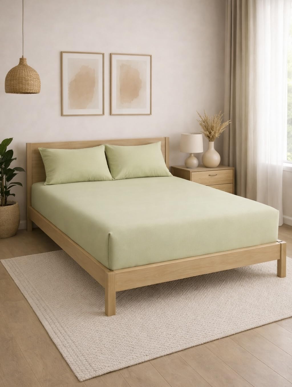 THE HOME STYLE Solid Plain Cotton Feel Fitted Bedsheet King Size (72x78 inches) | 2 Pillow Covers | 300 TC | Elastic Fit | Fits Upto 8 Inch Mattress (Sage Green)