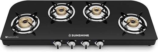 Sunshine Olympic Gold Four Brass Burner Gas Stove Manual Ignition (Glass Top, ISI Certified) LPG Cooktop