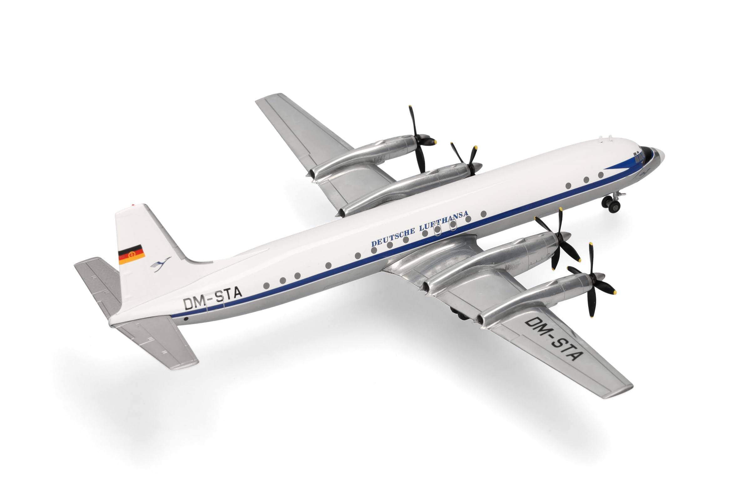 Herpa Modellflugzeug Deutsche Lufthansa Ilyushin IL-18 - DM-STA, Miniatur im Maßstab 1:200, Sammlerstück, Flugzeug Modell mit Standfuß, Metall