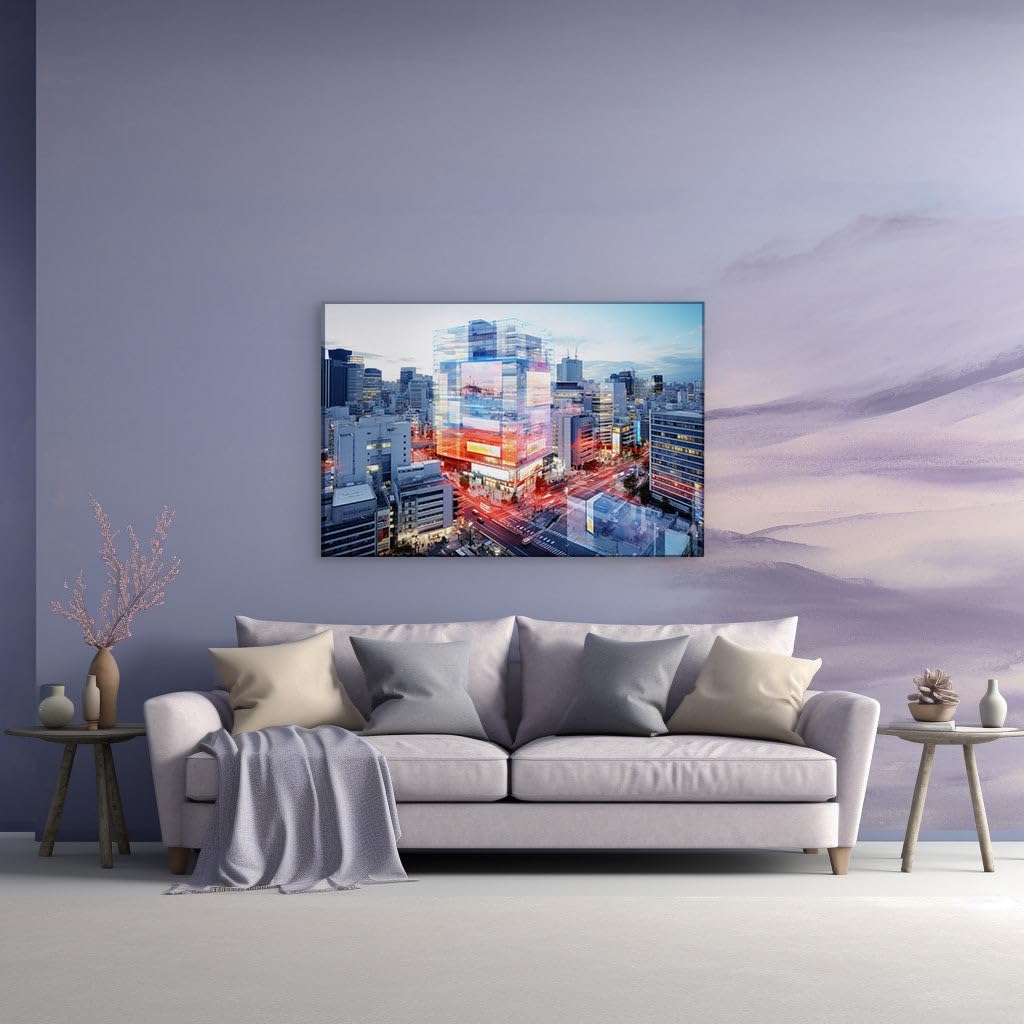 Canvas for Living room. Dusk Descends on the Dynamic Cityscape: A Tapestry of Twilight and Urban Energy, 27 x 18 inch Canvas Wall Art - Ready to Hang
