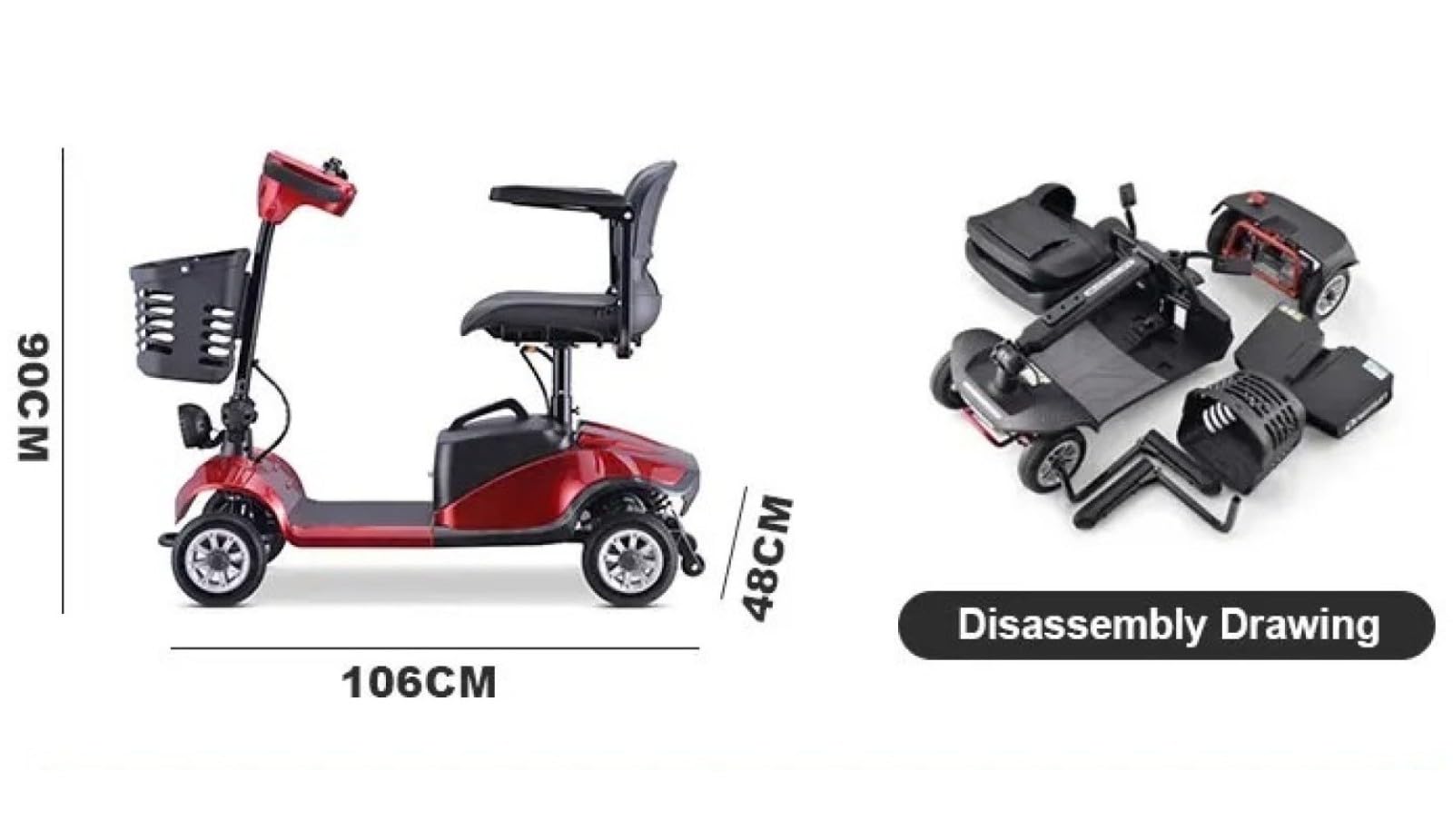 Scooter de movilidad eléctrico de 4 ruedas para personas mayores y adultos, compacto para viajes, con faro LED y cesta desmontable
