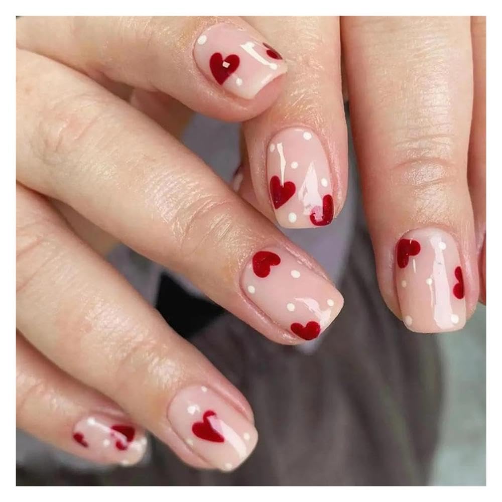 24Pcs Almond Press On Nails White Full Coverage Red Heart-Shaped Acrylic Fake Nail DIY Manicure(Y5)