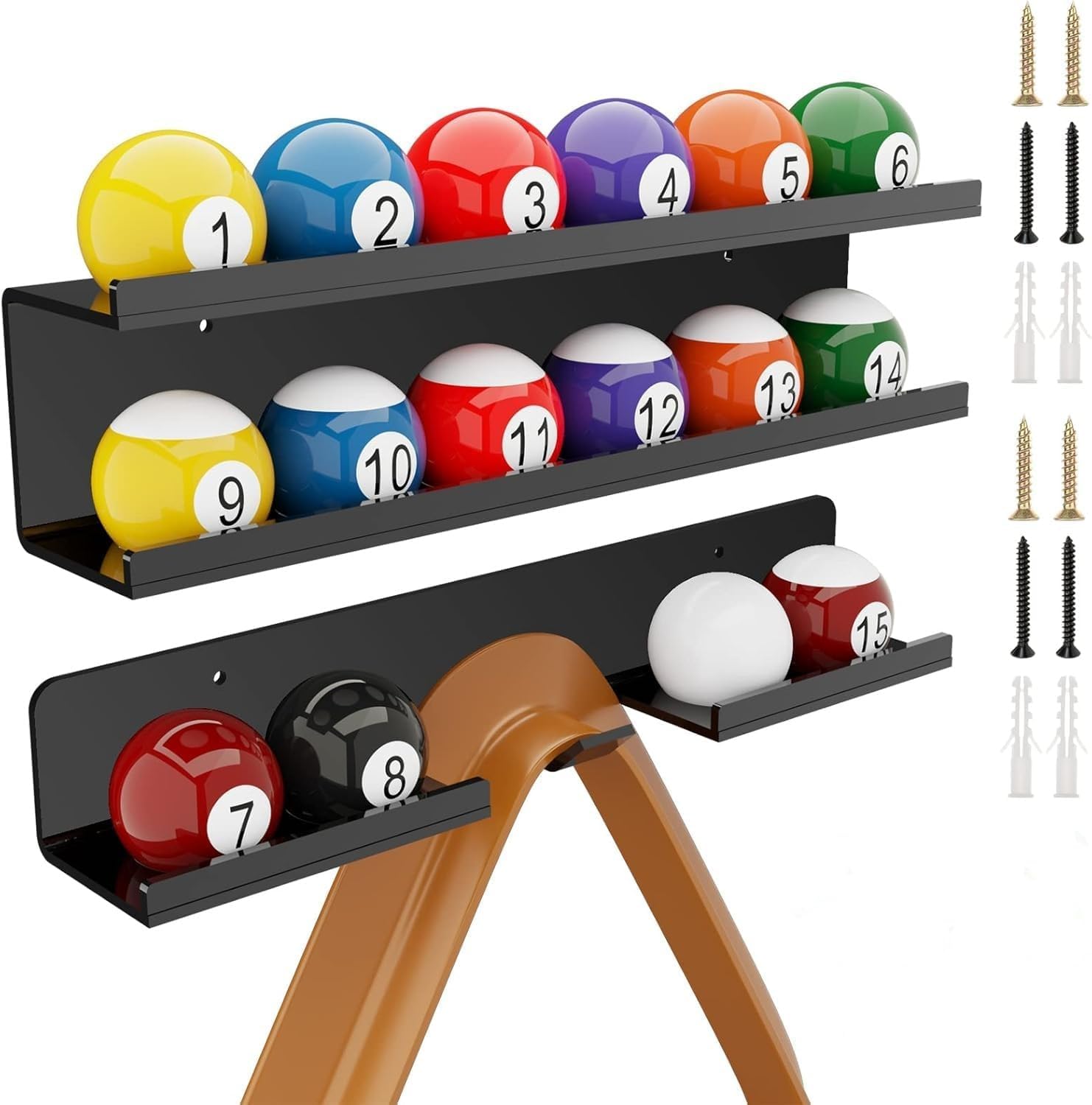 CRAFTIQ Acrylic Billiard Ball Storage Shelf Holder - Pool Balls Display Rack Wall Mount Organizer for 16 Balls & Ball Rack in Billiard Game Room & Bar Pool Cue Accessory (Solid Black)