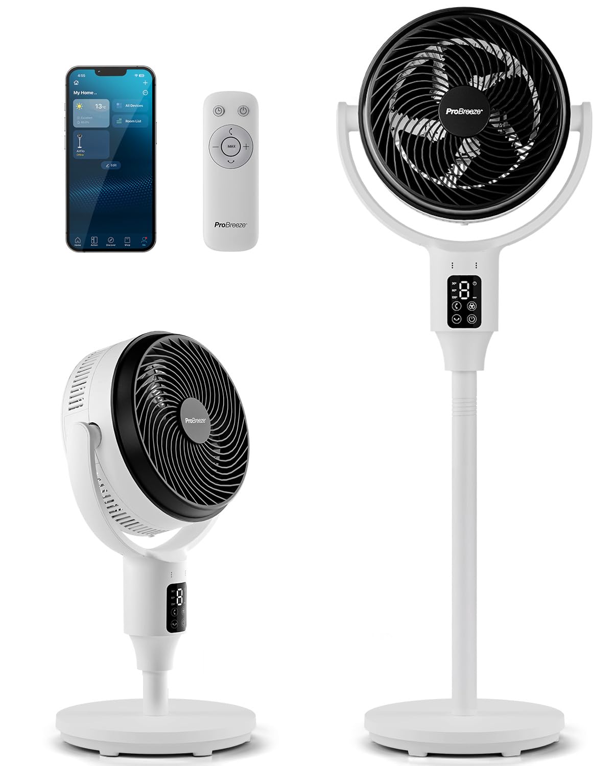 Pro Breeze Ventilateur sur Pied Intelligent 109 cm Ultra-Silencieux 29 dB – Écran LED, Wi-Fi, Appli Mobile & Télécommande, 2 Modes de Ventilation, oscillation 135°/85° – Compatible Alexa
