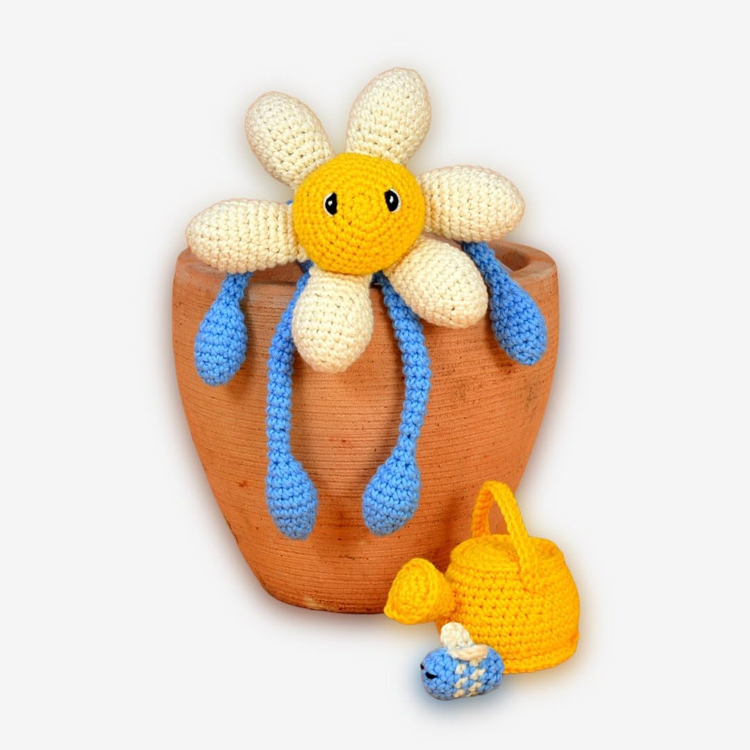 Knitty Critters White – Blossom Time – Daisy | Beginner-Friendly Crochet Craft Kit With Recycled Yarn - 100% Cotton Flower Characters - Diy Amigurumi Crochet Kit With Instructions