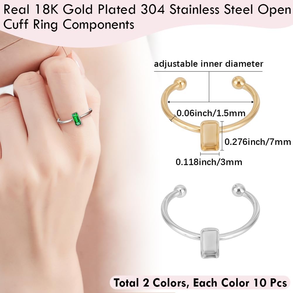 Beebeecraft 1 Box 20Pcs Ring Blank Base 18K Gold Plated 304 Stainless Steel Adjustable Open Cuff Ring Settings Components with 7x3mm Rectangle Tray for Jewelry Making