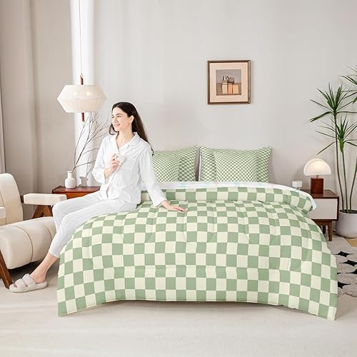 Green and Beige 7 Pieces Bedding Set King,Geometric Buffalo Checkered Grids Plai