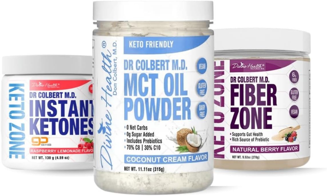 Keto Zone Maintenance Pack | by Divine Health & Dr. Colbert | MCT Oil Powder (Hazelnut) | Fiber Zone (Berry) | Instant Ketones (Raspberry) | Supports Energy & Gut Health