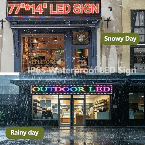 Image of 77 x 14 Inch P10 Outdoor LED Sign, Full Color Programmable Storefront Message Board with WiFi Control, Waterproof Scrolling Digital Display for Shop Window, Restaurant, Church, Cafe and Business