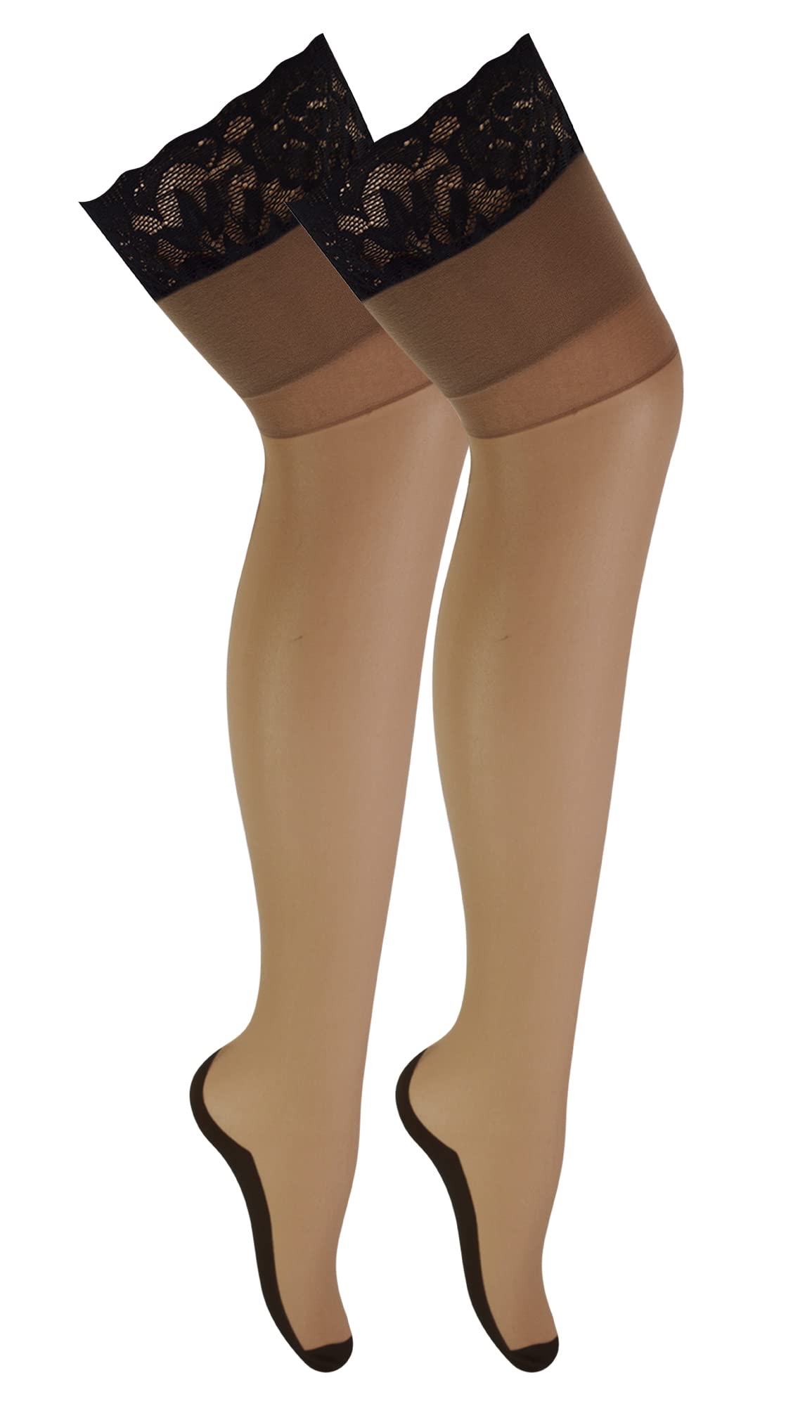Sock Snob Women's Nude / Black 2 Pair Multipack Seamed Stockings With Lace Top Thigh High Stockings (M, Nude/Black)
