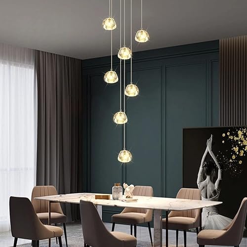 KJLARS Candelabro de cristal moderno colgante LED con forma de gota de lluvia, lámpara de techo con bola de cristal, 7 luces para escalera, sala de