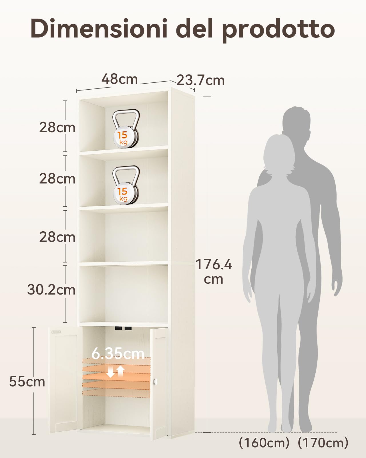 Coleshome Libreria con Ante a 6 ripiani e Mobile Contenitore, Scaffale Salvaspazio per Display e Archiviazione, Libreria per Casa, Ufficio, Soggiorno, Camera da Letto, Bianco, 48 x 24 x 176.4