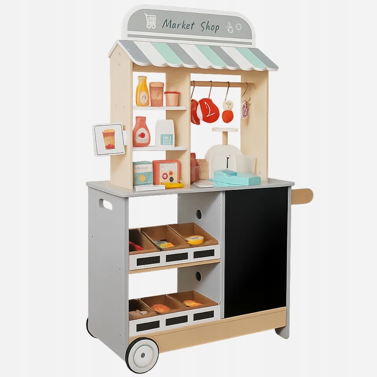 Mibbi Holzladen für Kinder zum Spielen, Supermarkt, Gemüsehäuser, Verkaufsstand, 3 Jahre +, Holz und MDF, 59 Elemente, Zubehör, Gewicht, Kasse, 60/73x29.5x105cm, 14.5kg