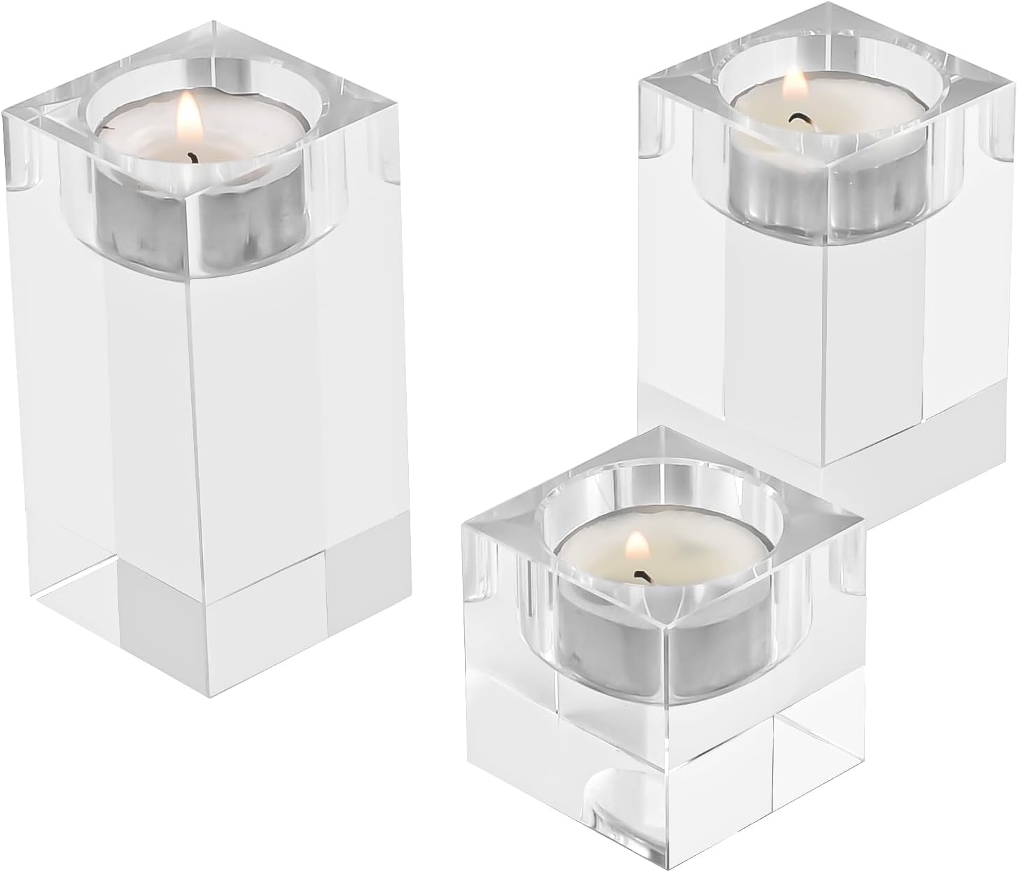 Kitcom Crystal Tealight Candle Holders Set of 3, 1.97/3.15/3.94 Inches Height, Heavy Solid Hand Cut Tealight Candlesticks Set, Table Centerpieces for Home Decor, Clear