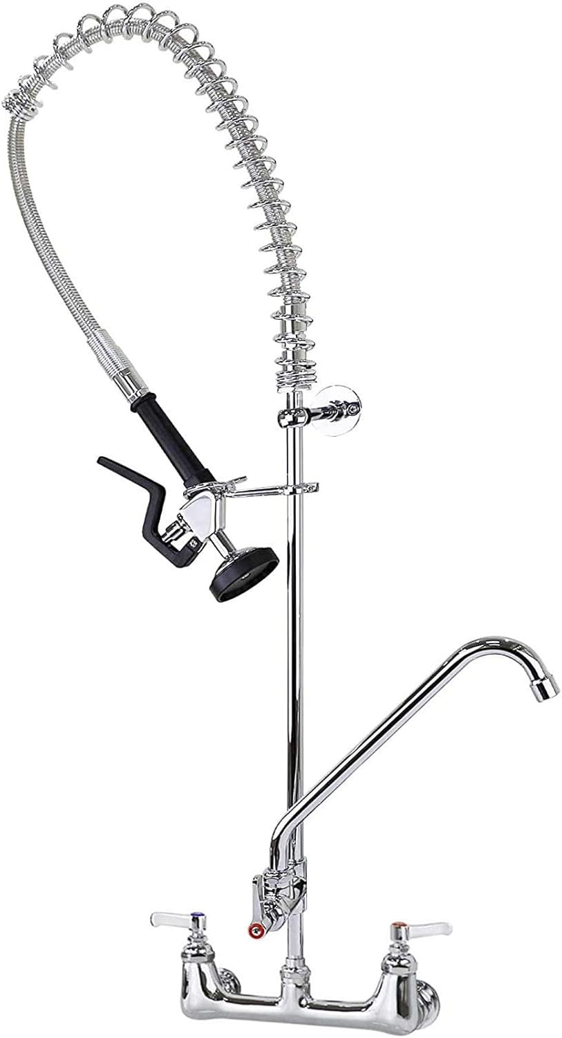 YooGyy Commercial Pre-rinse Kitchen Restaurant Sink Faucet Spray 8"(203mm) Center Wall Mounted Type Heavy Duty Construction 20"(510mm) Riser Brass Pipe Flexible Stainless Steel Hose Color Chrome