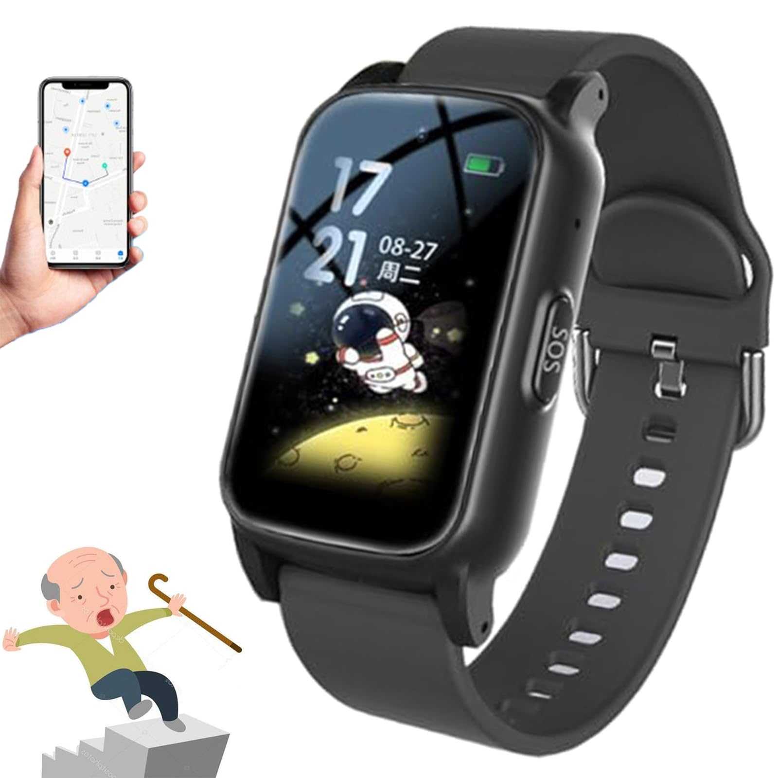 Reloj Inteligente con Detección De Caídas, Alerta De Caídas para Personas Mayores, Pulsera Inteligente con Función De Llamada Sos, para Personas con Demencia Y Alzheimer. Black