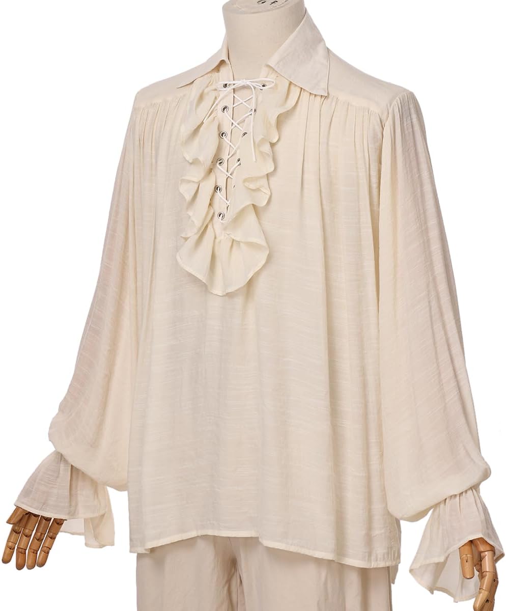 GRACEART Men Pirate Shirt Women Vampire Renaissance Shirts Victorian Ruffled Medieval Costume Cotton Linen Shirt - Image 3