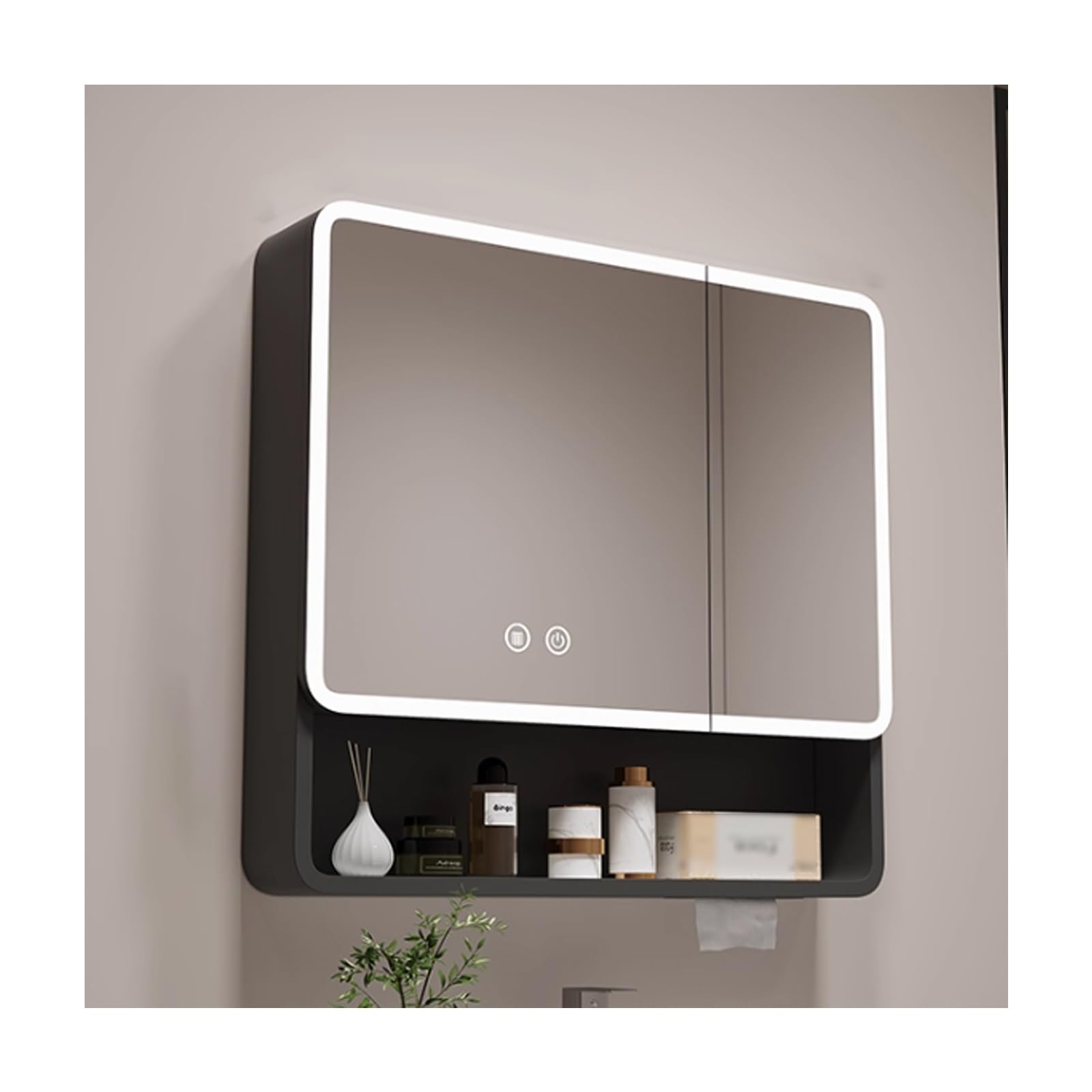 BKSXSOP Wall-Mounted Bathroom Cabinet with Mirror & Lights, Anti-Fog Aluminum Storage, Space-Saving Design, Stylish Black Finish, 70cm/27.5in for Modern Bathrooms