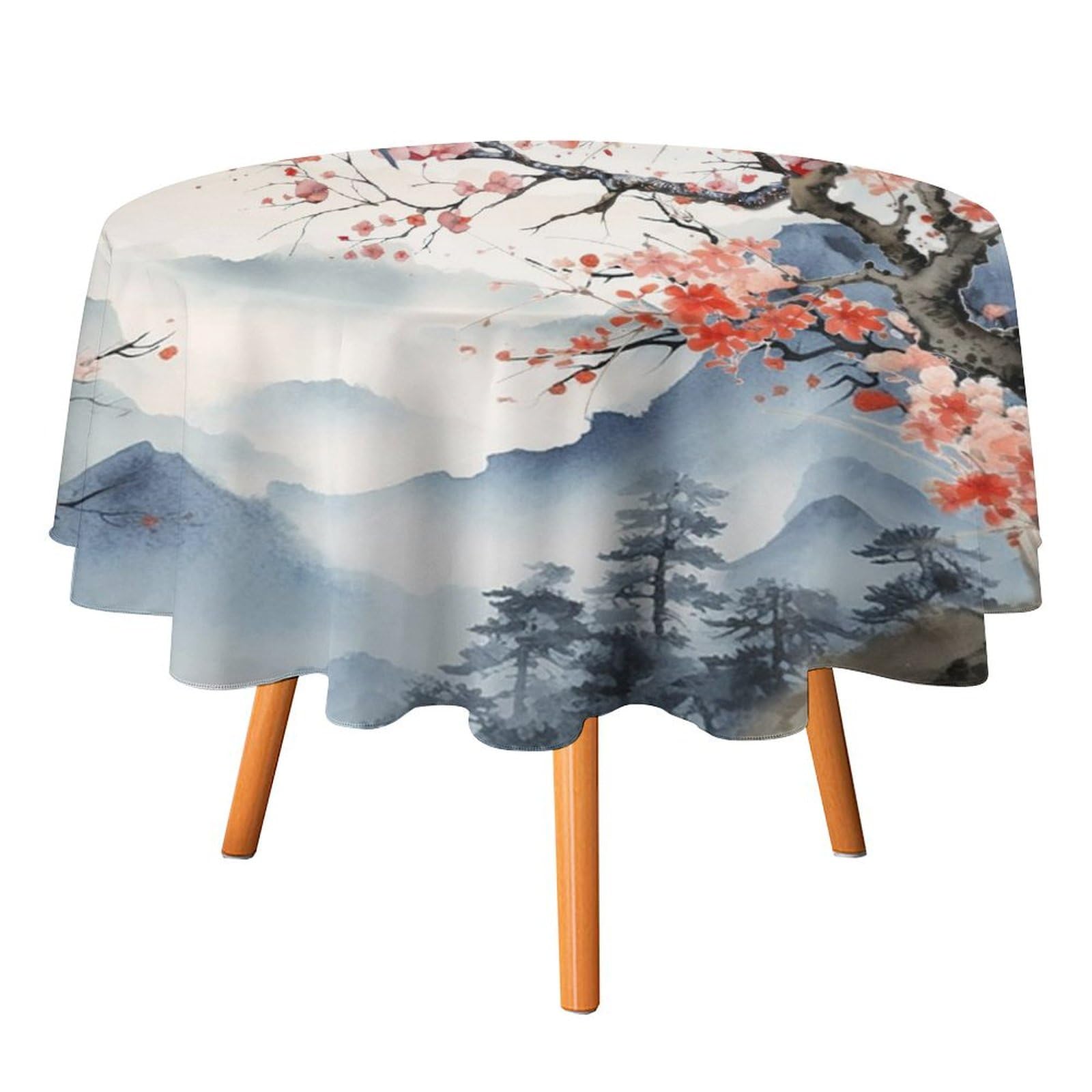Coalho Beautiful Japanese Spring Bird Florals Round Tablecloth Polyester Round Table Cloth,Watercolor Nature Landscape Japan Red Sun Cherry Blossomscircular Table Cloth For Kitchen Dinner-60