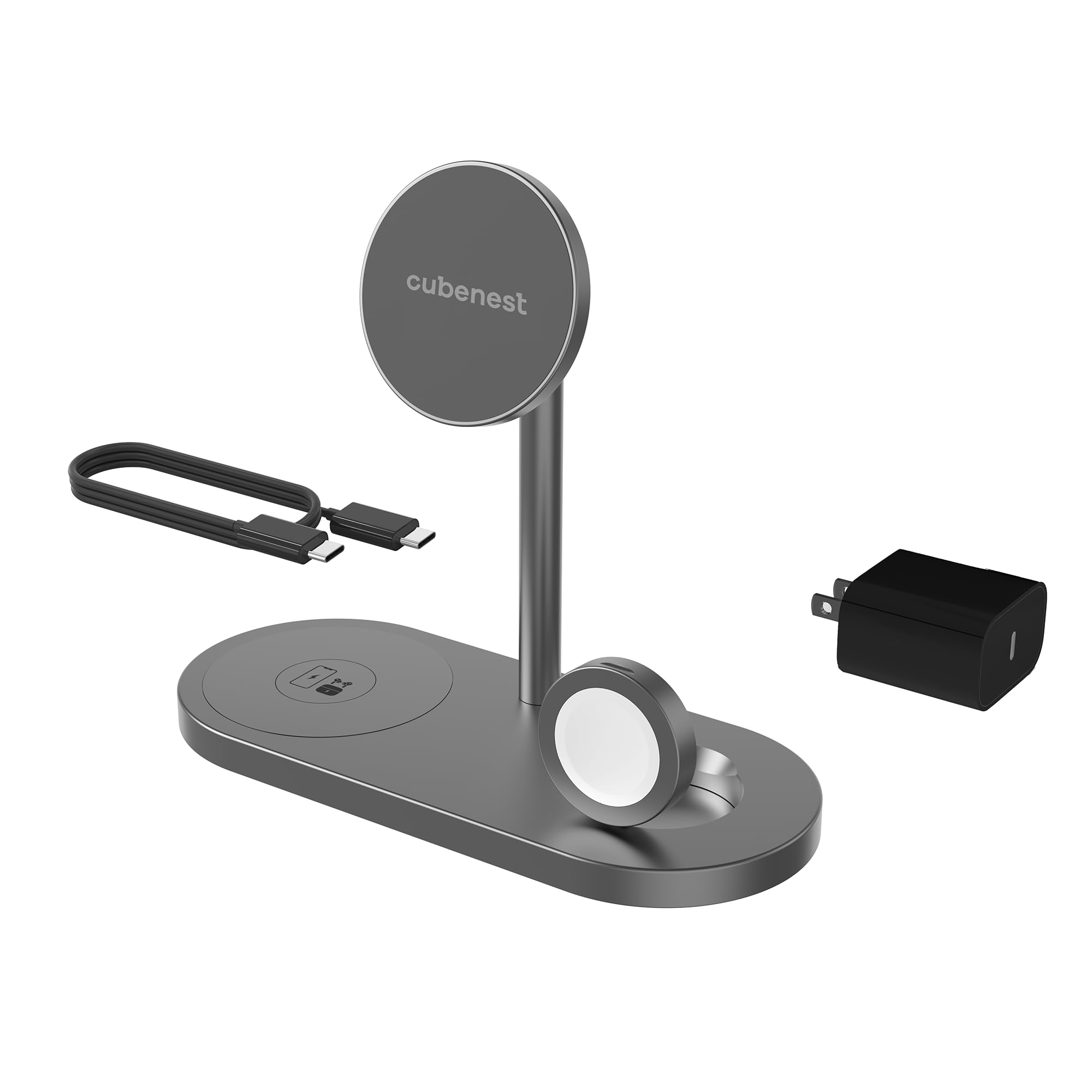 CubeNest Caricabatterie wireless 3 in 1 compatibile con iPhone 12/13/14, AirPods, Apple Watch e altri dispositivi Magsafe | Caricatore rapido da 20 W con caricatore pieghevole per Apple Watch