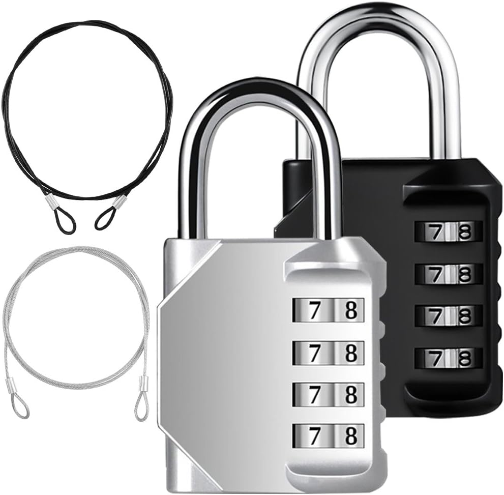 YuCool 2 Pack Combination Padlock, 4 Digit Lock Codes+ 2 Stainless Steel Security Tether for Protect your Storage - Pack of 4 (Black, Silver)