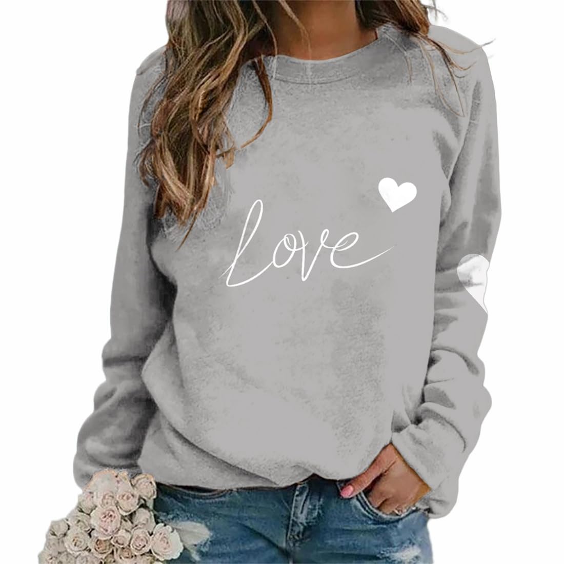 HOTYD Womens Cute Heart Print Valentine Sweatshirt Casual Long Sleeve Graphic Shirts Oversized Crew Neck Pullover Tops