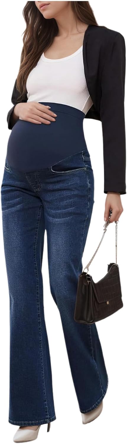 Women Stretch Maternity Bootcut Jeans Over The Belly Bell Bottom High Waisted Flare Denim Pants with Pockets