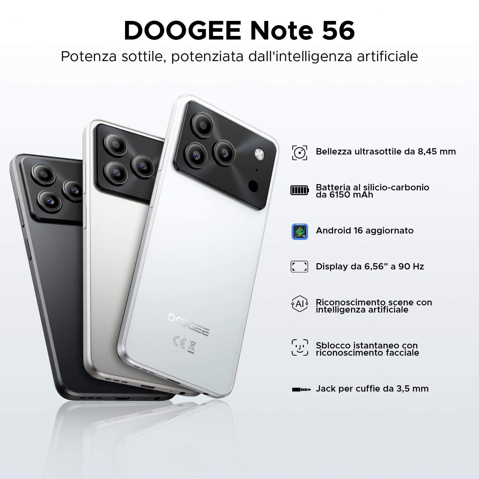 DOOGEE Note 56 Smartphone Android 16, 6150 mAh, 8.45 mm Ultrasottile, 6.56" HD + 90 Hz IPS, 24 GB + 64 GB/2 TB TF, 4G Smartphone 2025,Telefoni Android, Dual SIM/Octa Core/OTG/Face ID/GPS, Bianco